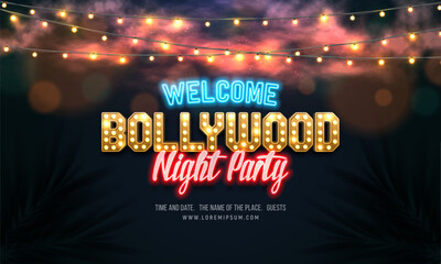 Bollywood night party. Banner or poster with retro neon signs and lamp garlands. Vector illustration. © Igor