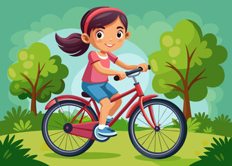 cartoon vector illustration of girl child pedaling a bike, green landscape isolated background, kid books