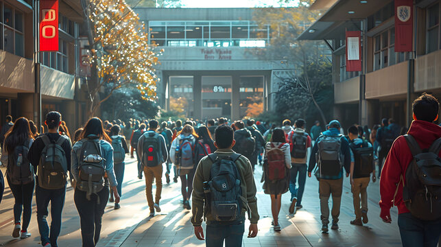 A Bustling University Campus with Students Walking, Engaging in Conversations, and Participating in Academic Life, Featuring Lush Greenery, Modern Architecture, and a Vibrant Educational Atmosphere

