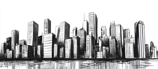 Black and white artwork depicting an urban skyline on the east side showcasing a vibrant city atmosphere