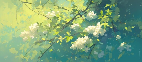 Artwork featuring Sambucus flowers with a vibrant green spring backdrop