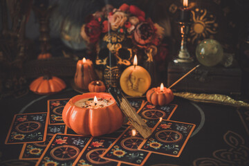 Mystical scene with candles. Fate prediction. Halloween concept, details and décor for home