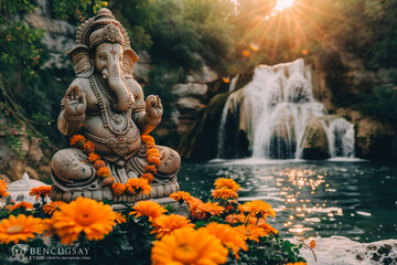 Obraz premium Serene Ganesh Statue by Waterfall at Sunset