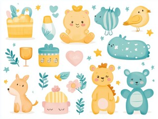 Cute cartoon animals and objects in pastel colors for children's designs.