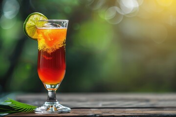 Beer Tequila Sunrise with beer and lime, served in a stylish glass, Oktoberfest background, copy space