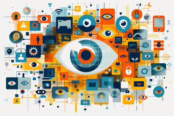Abstract illustration of personal daily life being watched under surveillance of giant digital eyes