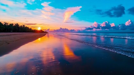 Tropical Beach Sunset with Palm Trees and Pink Clouds
