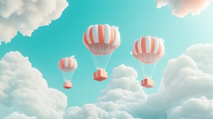 Fototapeta premium A Box flying on a parachute with pink cloud,vector illustration of package flying down from sky and cloud with parachute, concept for delivery service,shopping online,air delivery service.