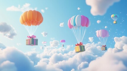 Fototapeta premium A Box flying on a parachute with pink cloud,vector illustration of package flying down from sky and cloud with parachute, concept for delivery service,shopping online,air delivery service.