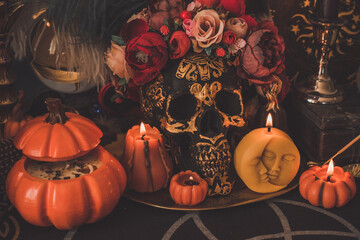 Mystical scene with candles. Fate prediction. Halloween concept, details and décor for home