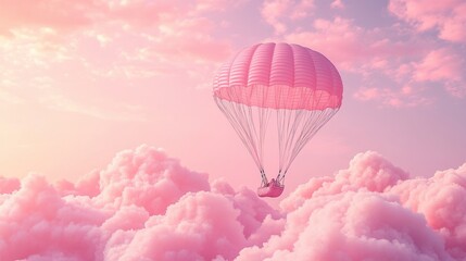Obraz premium A Box flying on a parachute with pink cloud,vector illustration of package flying down from sky and cloud with parachute, concept for delivery service,shopping online,air delivery service.