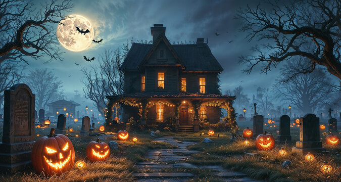 Halloween background with pumpkins and old house.