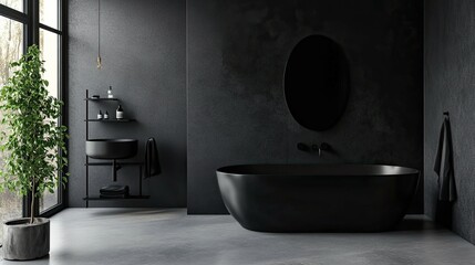 Modern bathroom with black bathtub, sink, and mirror.