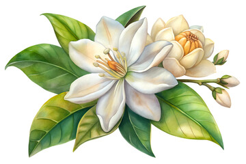 jasmine flower with green leaves on transparent background