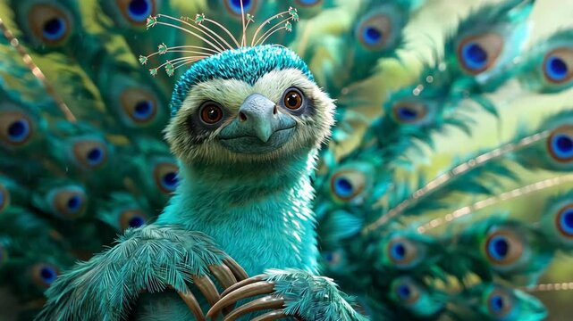 Whimsical hybrid creature that combines features of a peacock and a sloth. It has a vibrant peacock's tail with eye-like patterns and a sloth-like face and claws, exuding a curious and calm demeanor.