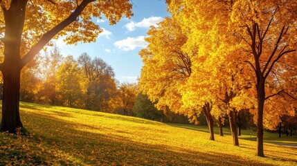 Naklejka premium Colorful autumn Park with city view red and yellow maple trees and blue sky,Autumn forest path,Lawn in autumn city park in Sunny day,Trees with yellow leaves in park,Natural Wallpaper.