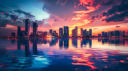 Fototapeta premium A Stunning Urban Skyline at Sunset with Reflective Water, Illuminated Buildings, and a Vibrant Evening Sky, Featuring a Beautiful Cityscape with Reflective Water Surfaces and Dramatic Lighting