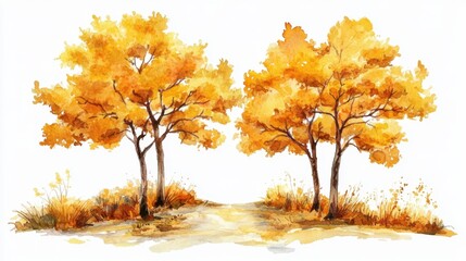 Fototapeta premium Watercolor hand drawn of autumn trees,red maple tree on white background,hand drawn watercolor vector illustration,Autumn forest path,red orange foliage in fall forest.