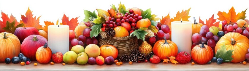 A vibrant autumn display featuring various fruits, pumpkins, and candles, perfect for seasonal decor and festive celebrations.