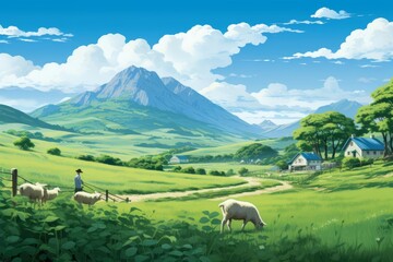 Fototapeta premium A sheep farm with a shepherd and dog herding the flock across a lush green field in this pastoral illustration