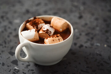 Cocoa drink with marshmallow in white cup on terrazzo surface with copy space