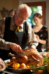 Celebratory Moment: Professor Carving Roast Turkey at Family Gathering