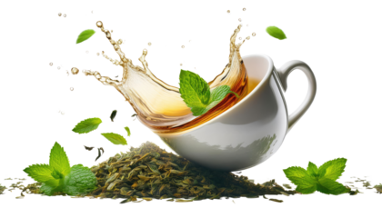 cup of tea with mint on white background 