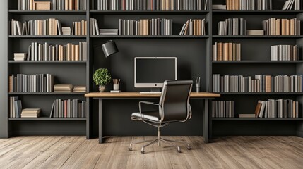 Modern home office interior with black shelves full of books, wooden desk with a computer, and a black leather office chair.