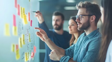 Man in Glasses Presenting Ideas on Whiteboard with Sticky Notes
