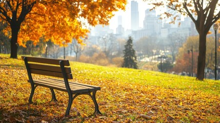 Lonely Bench in autumn Park with city view red and yellow maple trees and blue sky,Autumn forest path,Lawn in autumn city park in Sunny day,Trees with yellow leaves in park,Natural Wallpaper.