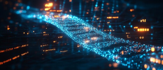 Digital representation of dna helix with data points, illustrating bioinformatics and genetic data analysis