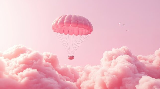 A Box flying on a parachute with pink cloud,vector illustration of package flying down from sky and cloud with parachute, concept for delivery service,shopping online,air delivery service.