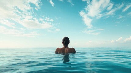 A person floating in a calm ocean, staring up at the blue sky with a sense of peace and wonder at the world.