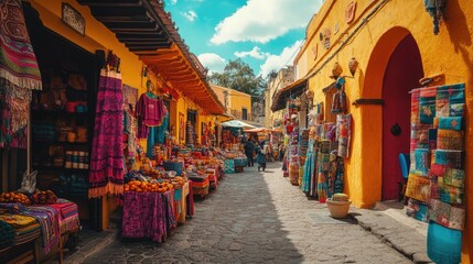 Fototapeta premium A colorful marketplace in a historic town, with vibrant stalls selling handmade crafts, local produce, and bright fabrics