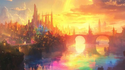 Naklejka premium A vibrant dreamlike city with rainbow-colored buildings, floating bridges, and golden light reflecting off the waters, creating a surreal escape