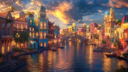 Obraz premium A vibrant dreamlike city with rainbow-colored buildings, floating bridges, and golden light reflecting off the waters, creating a surreal escape