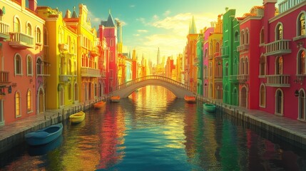 A vibrant dreamlike city with rainbow-colored buildings, floating bridges, and golden light reflecting off the waters, creating a surreal escape