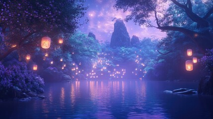 Naklejka premium Beautiful dreamland with glowing pastel forests, serene lakes, and floating lanterns illuminating the sky in a magical atmosphere