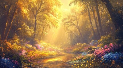 Beautiful vibrant forest in a dream with glowing flowers, magical streams, and rainbow-colored trees under a soft golden sky