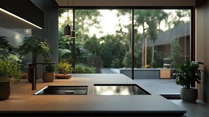 Fototapeta premium Modern kitchen countertop with a sink, faucet, and potted plants. The counter is illuminated by overhead lights. A large window offers a view of a lush, green garden beyond.