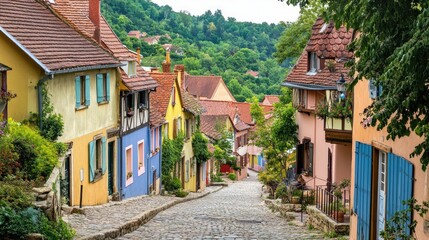 Obraz premium Charming European village with colorful houses and cobblestone streets, surrounded by lush green hills and a clear sky