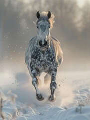 Against the backdrop of a snowy winter field, a graceful white horse runs in a powerful gallop, evoking a sense of wonder and serenity.