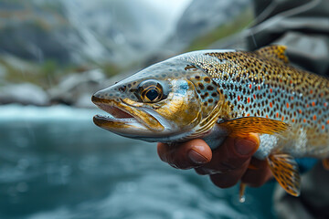 Obraz premium Fisherman is holding a beautiful brown trout fish just above the water of a fast-moving river