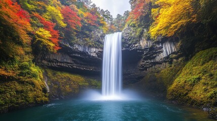 Fototapeta premium Majestic waterfall surrounded by vibrant autumn foliage, creating a stunning natural travel destination