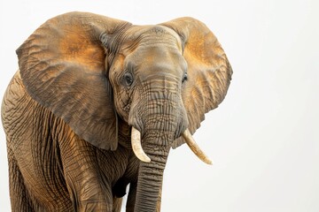 Obraz premium An African elephant standing against a simple white backdrop, emphasizing its powerful presence and intricate features.