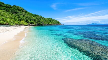 Obraz premium Serene island beach with white sand, turquoise waters, and colorful coral reefs, perfect for snorkeling and relaxation