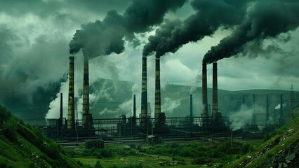 Eerie landscape of an abandoned factory with towering structures, showcasing industrial decay.