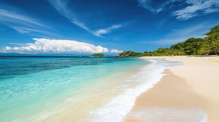 Obraz premium Serene island beach with white sand, turquoise waters, and colorful coral reefs, perfect for snorkeling and relaxation