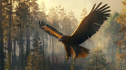 Golden eagle soaring through a sunlit forest.