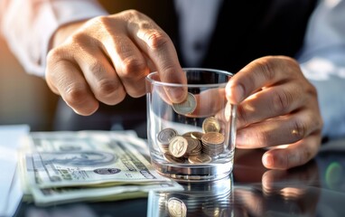 A hand places coins into a glass jar, with dollar bills nearby, representing saving, budgeting, or financial planning.